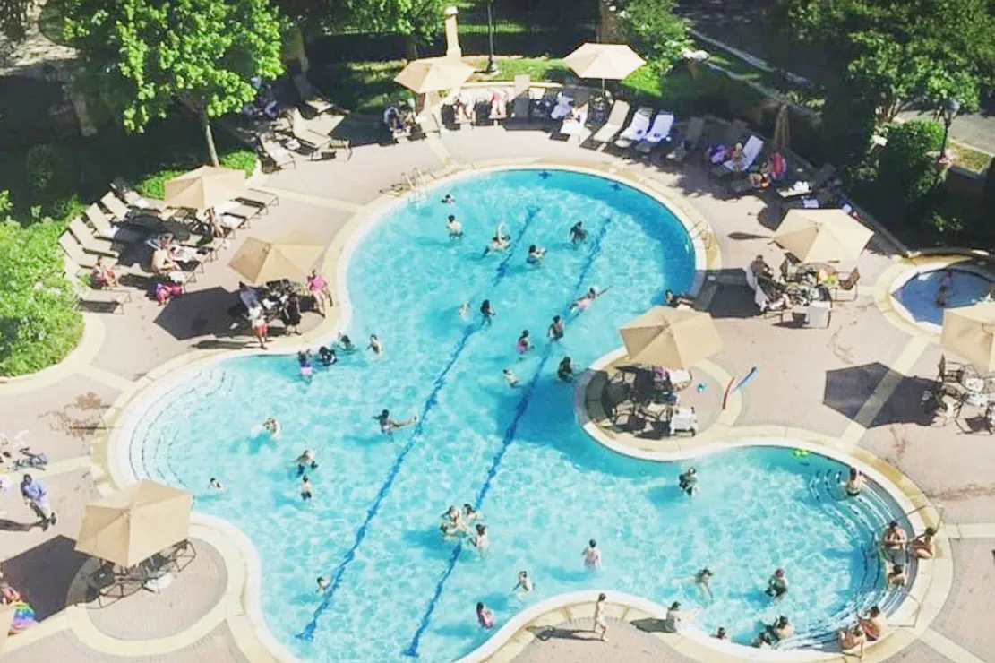 Luxury resort pool with loungers and umbrellas
